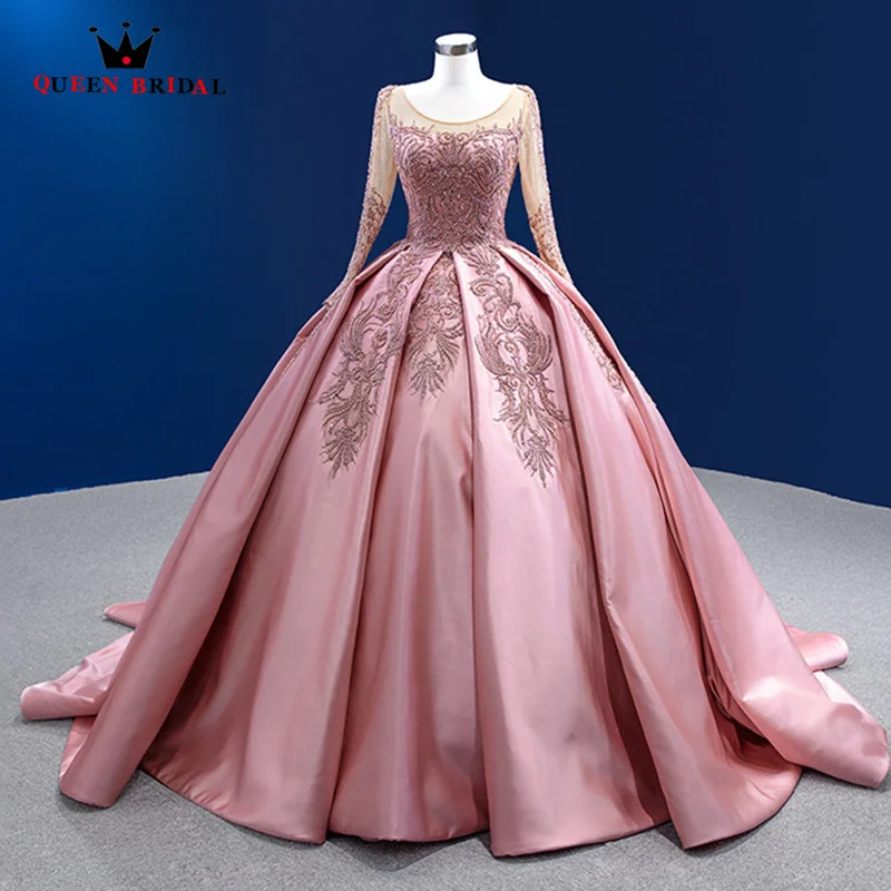 Long Formal O-Neck Evening Dresses Elegant Pink Satin Illusion Long Sleeves Ball Gown Appliques Robe de soirée Custom Made EN19