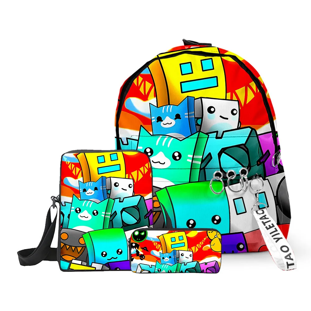 

Cartoon Popular Geometry Dash 3D Print 3pcs/Set pupil School Bags Oxford Key Chain Backpack Inclined shoulder bag Pencil Case