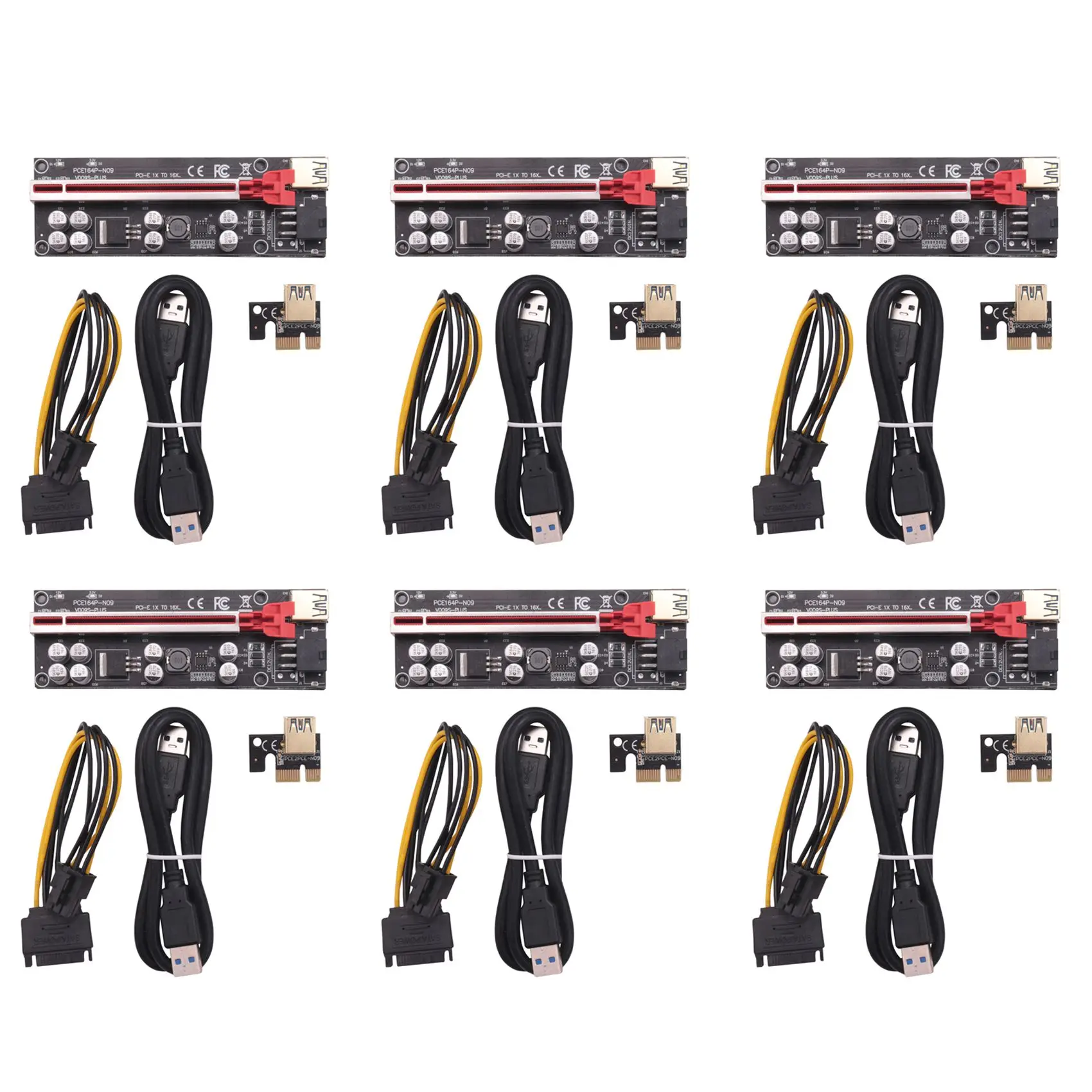 

6PCS VER009S Plus PCI-E Riser Card PCI Express 1X to 16X Adapter with USB 3.0 Cable SATA to 6Pin Power Cable for Mining