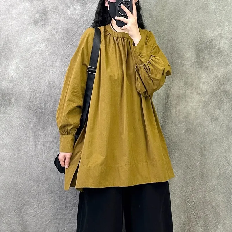 เสื้อทรงหลวมสไตล์เรโทร แขนยาว ผ้าระบายอากาศ ใส่สบาย เหมาะสำหรับใส่ทำงานหรือลำลอง