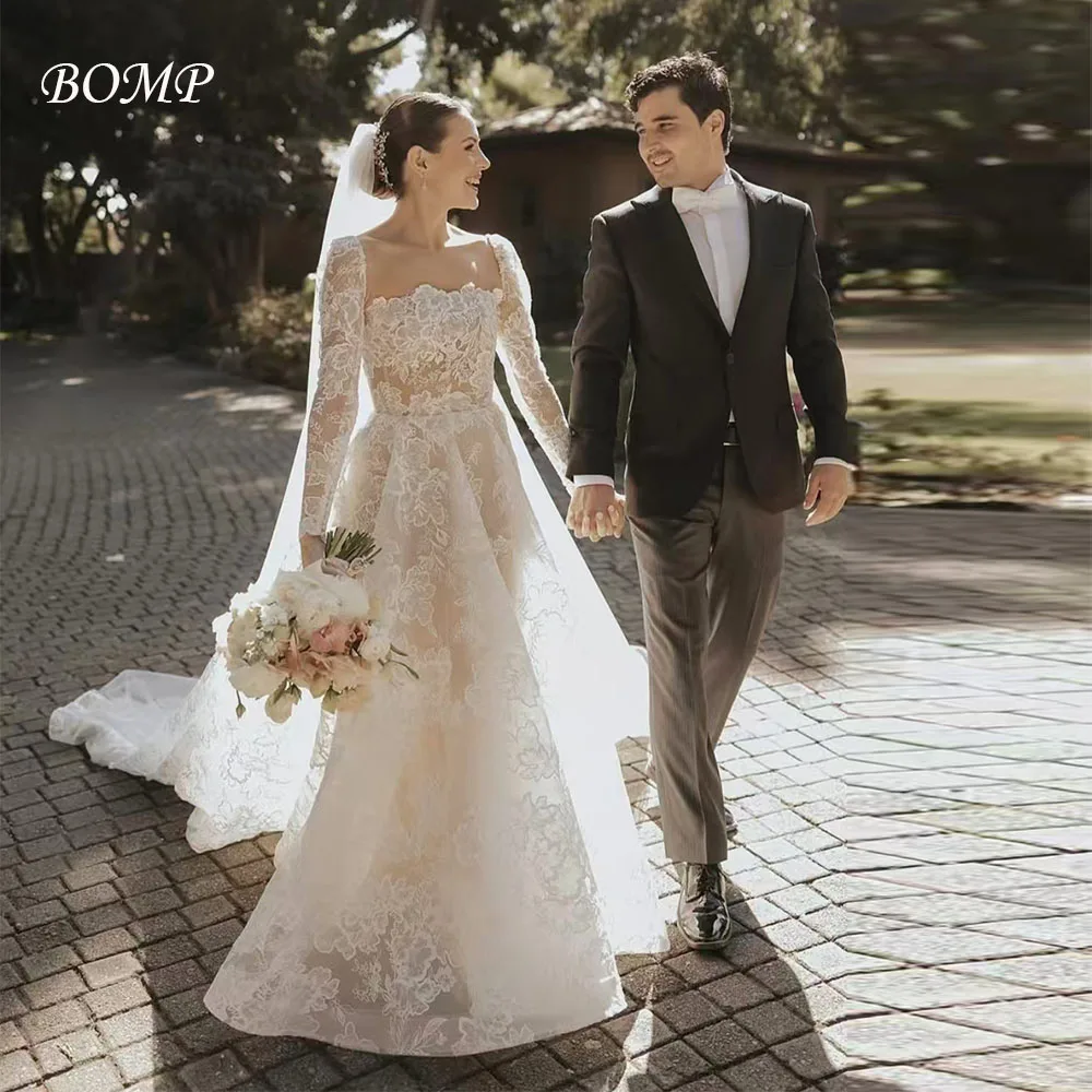 

BOMP Classic Ivory Lace Wedding Dress Illusion Full Sleeves Draped A-Line Sweep Train Bridal Gown Customized Robe de mariée