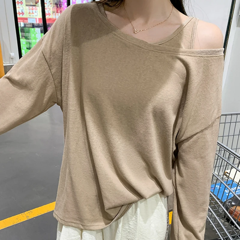 두 조각 정장 여성 긴 소매 들어 갔어 Tshirt 캐주얼 라운드 넥 느슨한 Overshirt 여성 여름 모든 경기 솔리드 컬러 T 셔츠