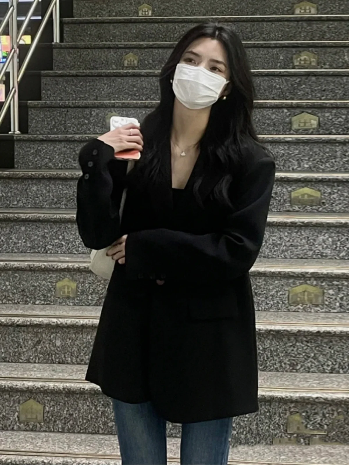 

Ele Bla Small Size Women's Suit Jaet Casual Loose Korean Sle Early Spring Faion Polyester Long Sve Coat