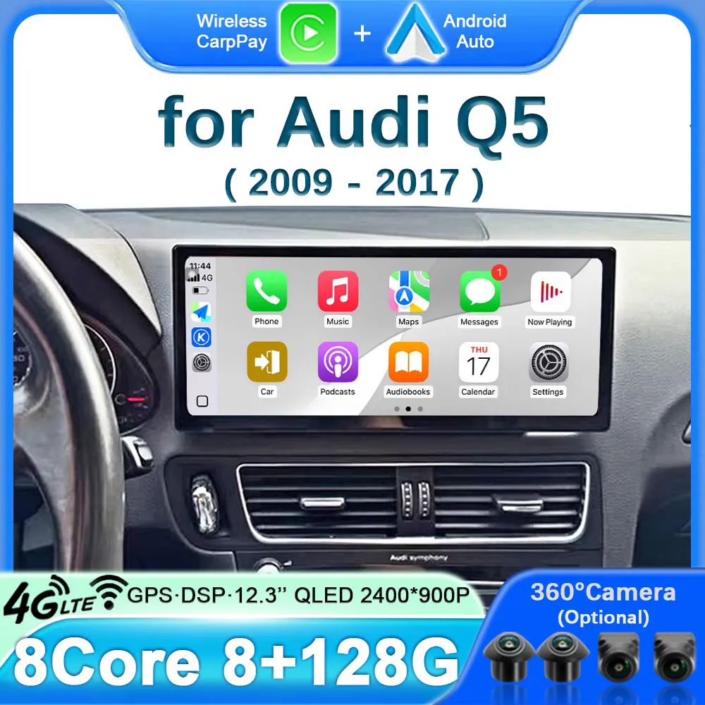 For Audi Q5 2009-2017 Wireless CarPlay Android16 Car Multimedia Stereo GPS Navi Radio Player 4G Bluetooth 12.3 inch Touch Screen