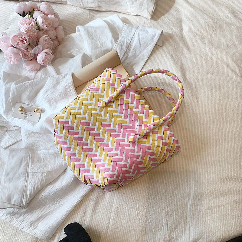 Color blocking summer small handbag 2024 new niche versatile Instagram basket bag handmade woven women\'s handbag trendy