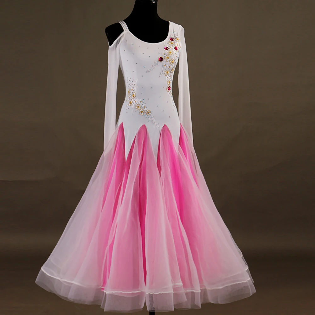 

Waltz Competition Costume Shoulder Strap Rhinestone Modern Ballroom Dance Black White Standard Performance Costume