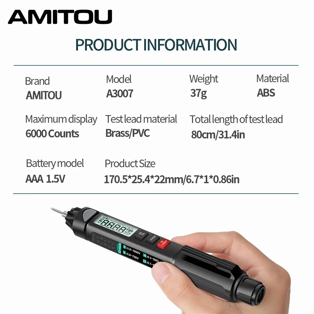 AMITOU A3007 قلم متعدد 6000 التهم المهنية الرقمية NCV التيار المتناوب/تيار مستمر الجهد أوم ديود تستر الذكية القلم نوع كاشف جهد