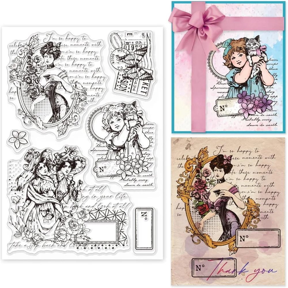 1 Blatt Vintage Lady Kranz Klarer Stempel Elegante Frauen Silikon Klarer Stempel Text Blumenrahmen Siegel für DIY Scrapbooking Tagebücher