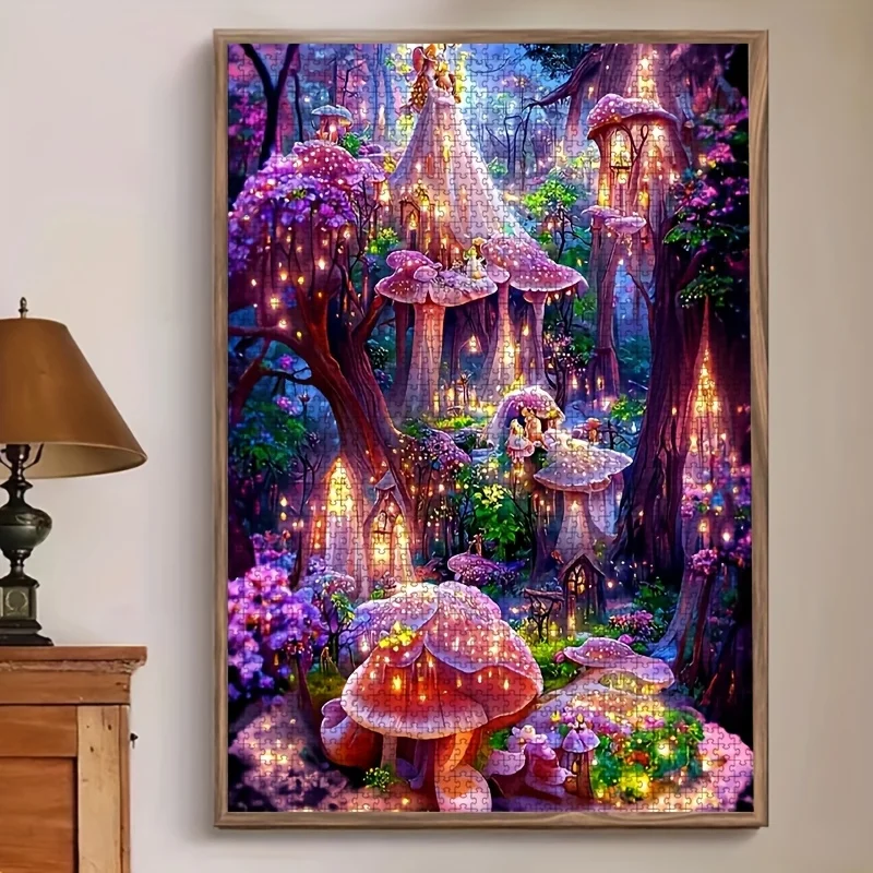 Rompecabezas de bosque encantado de 1000 piezas para adultos: escena mágica de setas y linternas con linternas brillantes, portátil duradero D