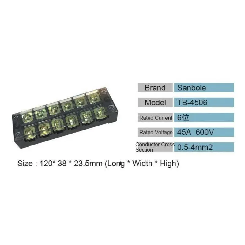2pcs 45A 6 Position Copper TB-4506 Fixed Type Connection Terminal Blocks Connect Plug-in Board Dual Row Screws Clamp