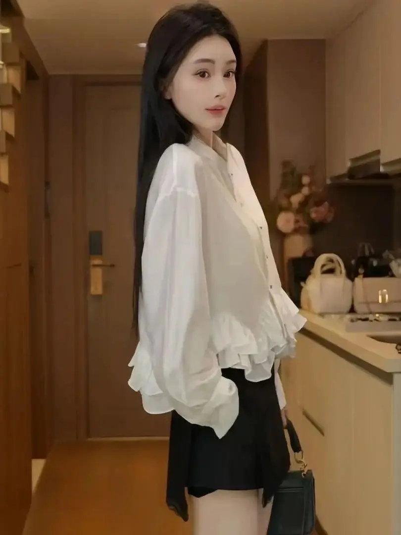 

Французская женская блузка с длинным рукавом, весна-осень, уникальный красивый топ с кружевной отделкой, впитывающий влагу, дышащий, утягивающий фигуру