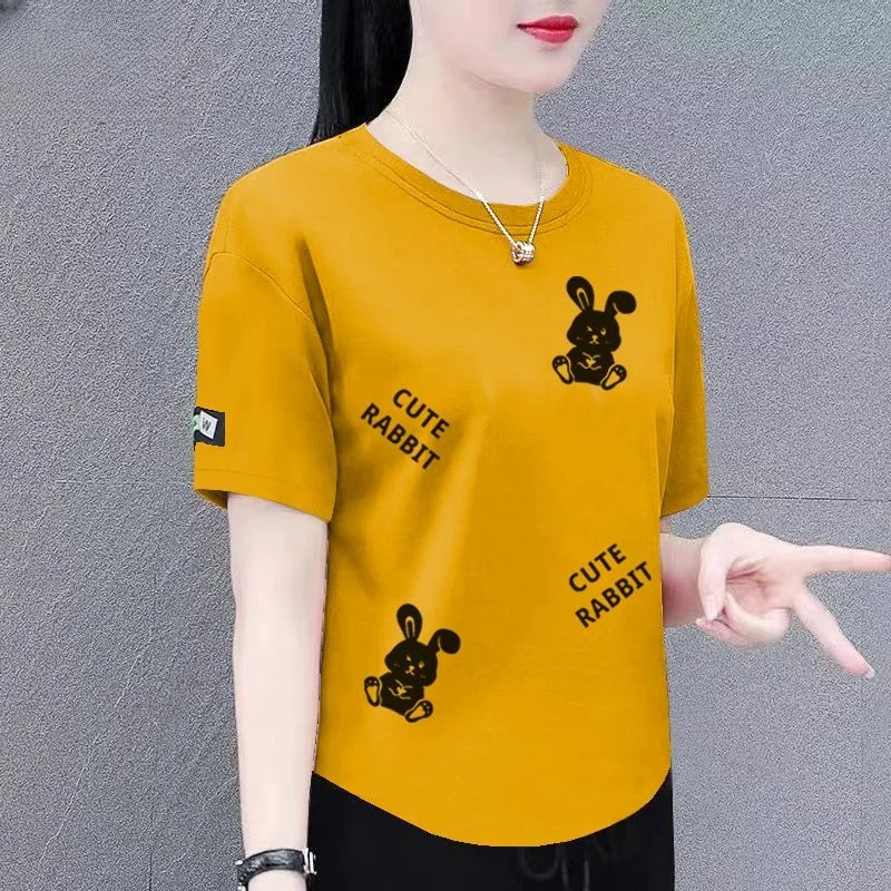 Summer New plus Size Women's T-shirt Short Sleeve Shoulder Width Regular Print Casual Loose Fit round Neck Top for Middle-Aged