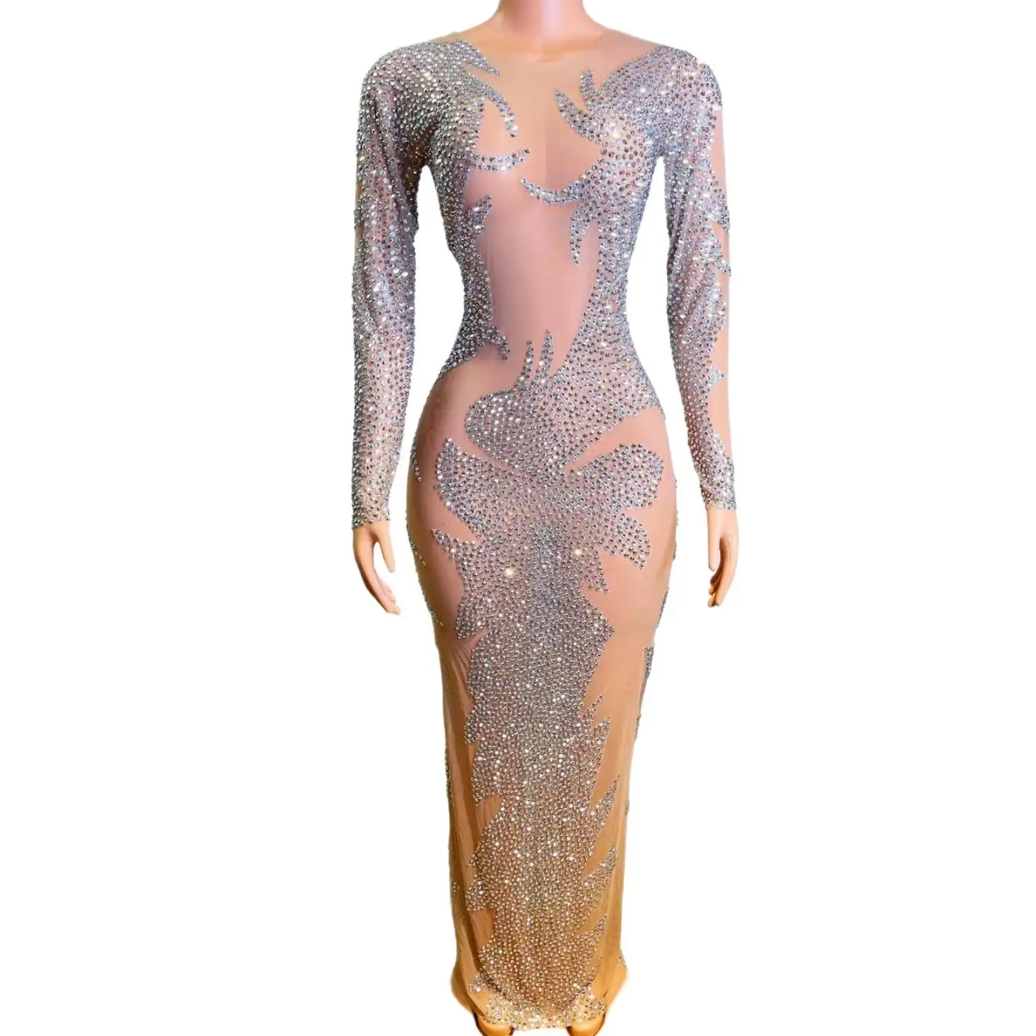 

Sexy Naked color Girl Long Dress Shinny Diamond Luxury Prom Crystals Dress Cocktail Party Gowns for Birthday Party Prom