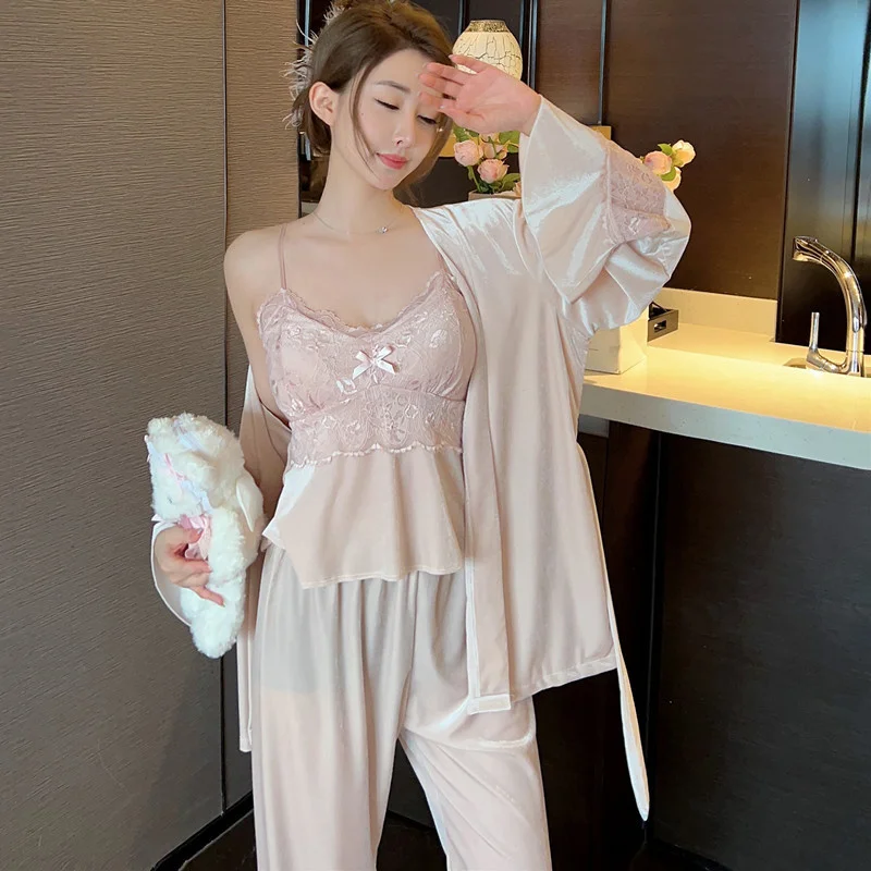Velour Lace Ice Silk 3pc Sleepwear Set Women Bathrobe Pajamas Home Clothes Velvet Pajamas Suit Casual Lingerie Nightshirts