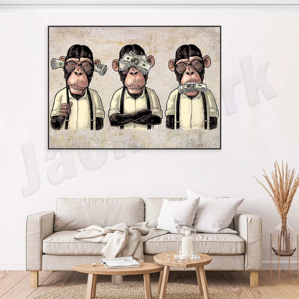 A mural of three clever monkeys, a canvas painting that neither hears nor talks of evil, fun monkey street art, graffiti poster.