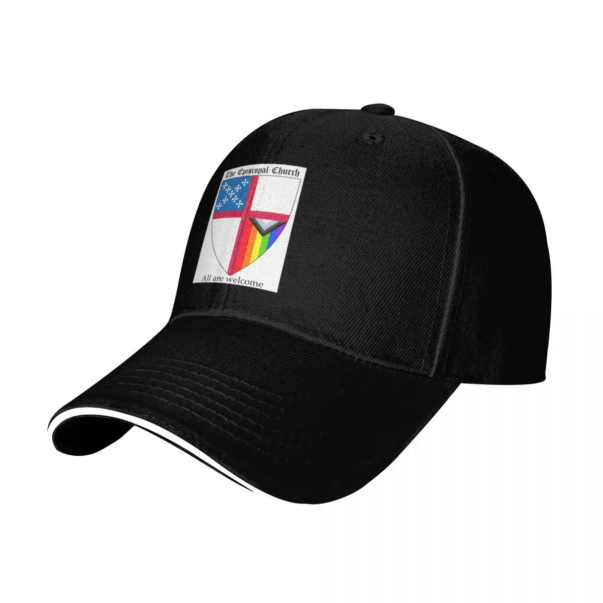Episcopal Church Shield with Progressive Pride Flag Vertical Rainbow - All Are Welcome 2 Baseball Cap