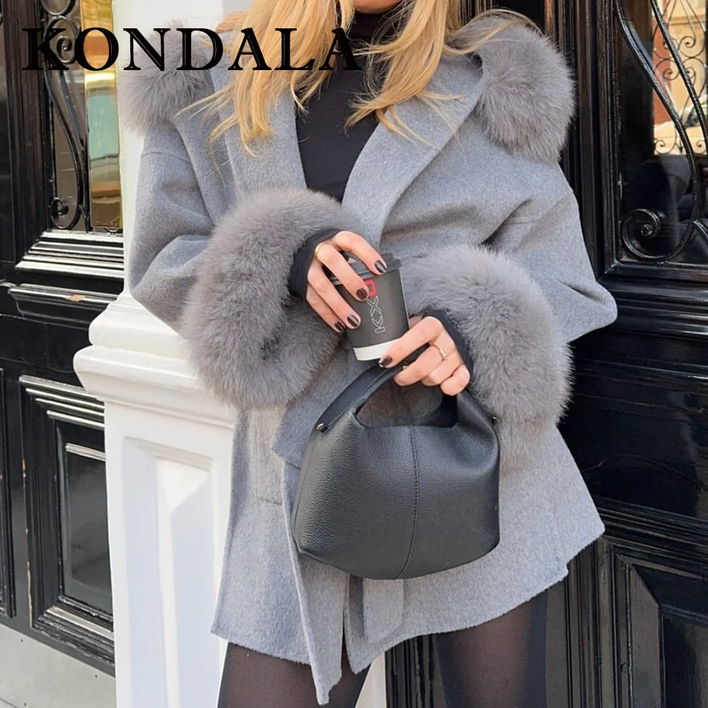 

KONDALA шикарное серое женское пальто с капюшоном, элегантный роскошный пояс, модное зимнее пальто 2025 года, современная уличная шикарная женская длинная верхняя одежда Mujer