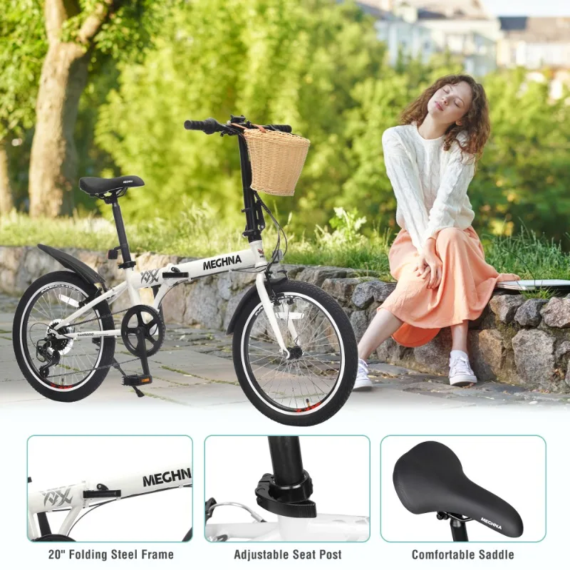 Folding Bicycle 16 Inch Portable Foldable Bike with Basket Lightweight City Commuter Bicycle for Adult Student Outdoor Cycling