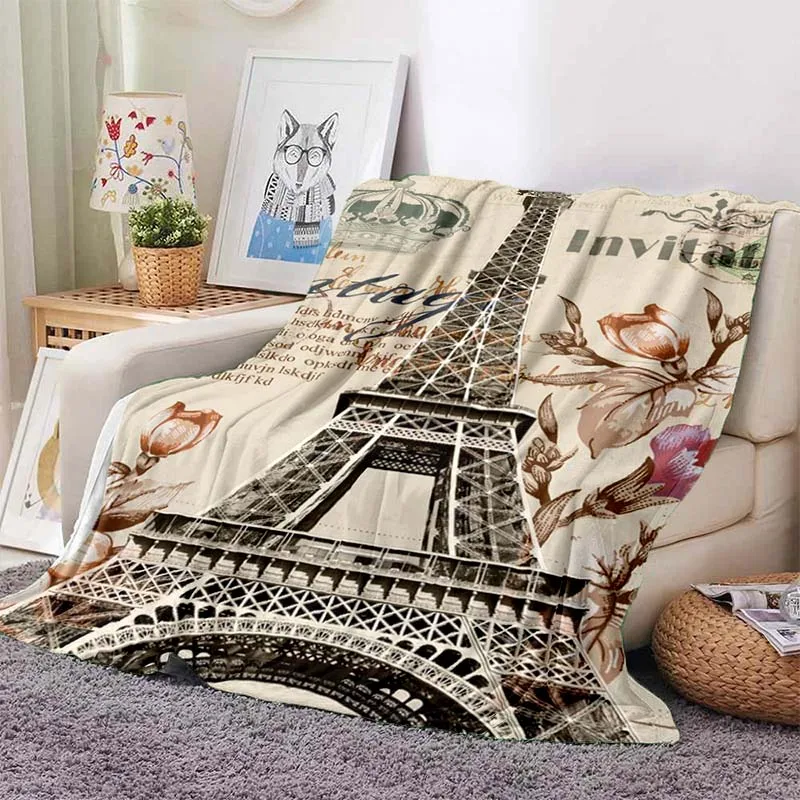 

Paris Eiffel Tower Flowers Pattern Blanket Sofa Cover Soft Hairy Blanket Flannel Fluffy Comfortable Home Travel Throw Blanket