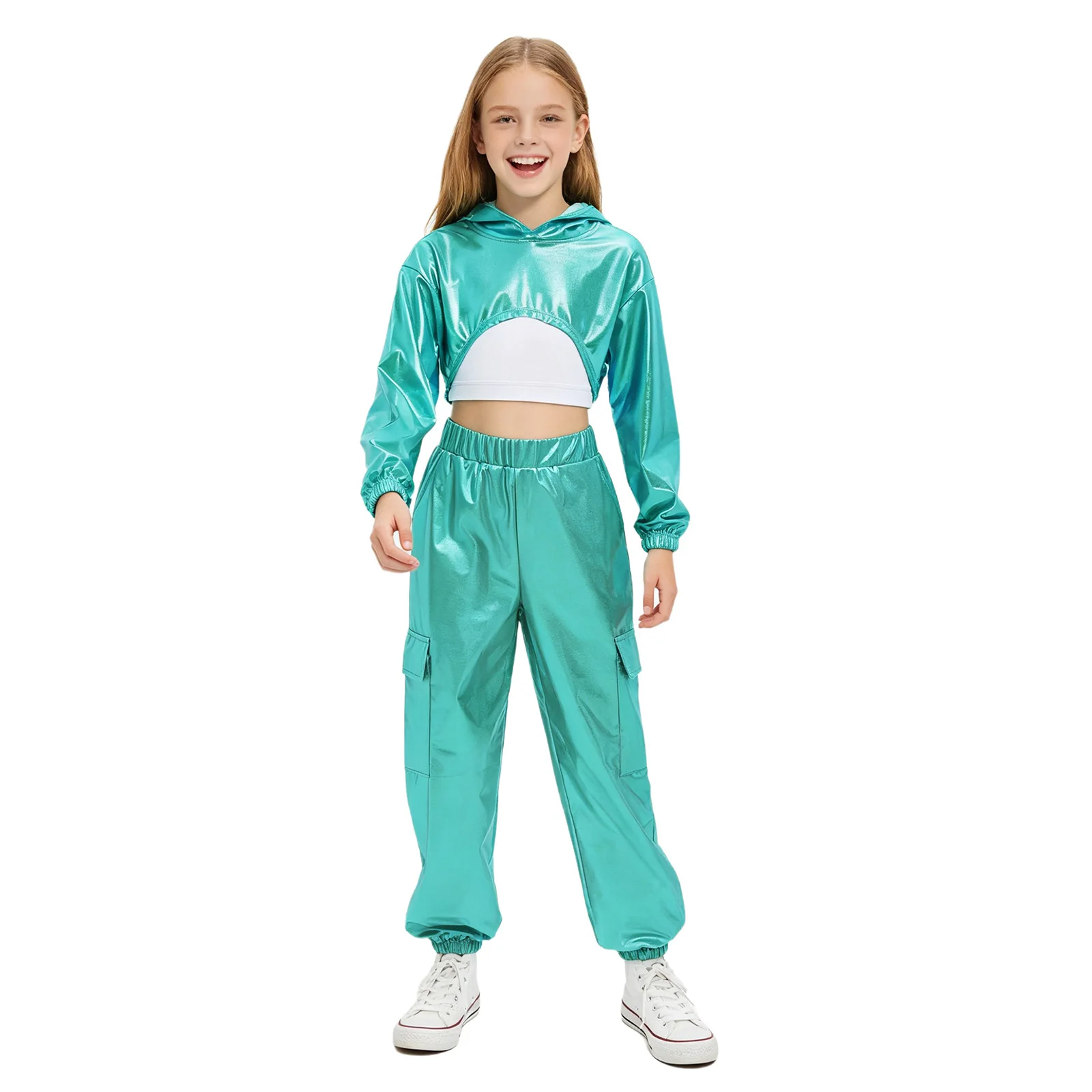 Teen Girls Hip-hop Modern Jazz Street Dance Performance Outfit Long Sleeve Metallic Cropped Hoodie Top with Vest Cargo Pants