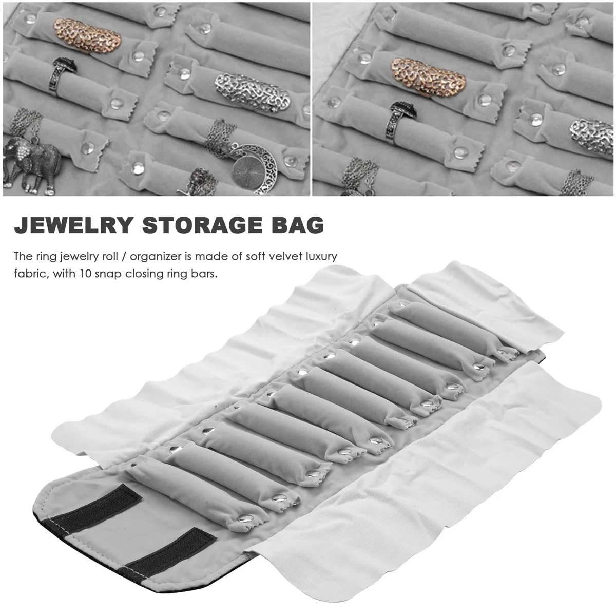 Jewelery roll Jewelery bag, made of flannel, for ring, for jewelry storage when traveling - Black, Gray, Small