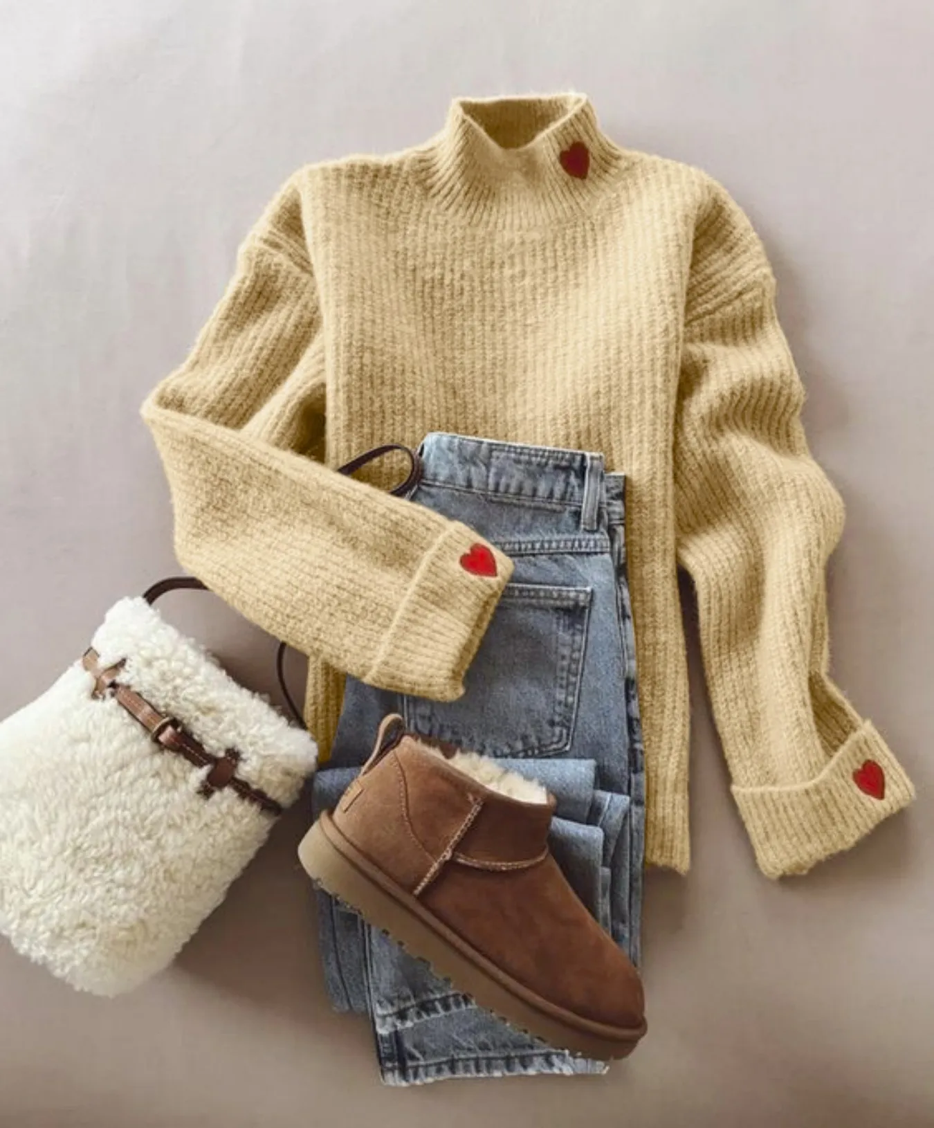 

Women's Heart Embroidery Chunky Ribbed Knit Jumper Mock Neck Long Sleeve Oversized Pullover for Fall Daily Wear