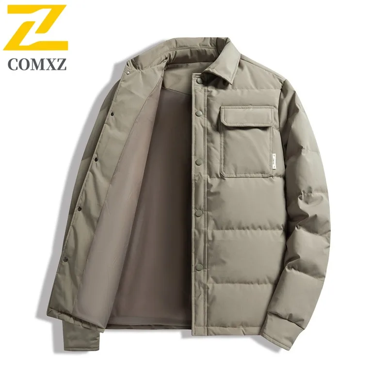 COMXZ Men Middle Aged Gray Duck Down Down Jacket Autumn Winter Lapel Business Casual Wear Versatile Outerwear Windproof Thermal