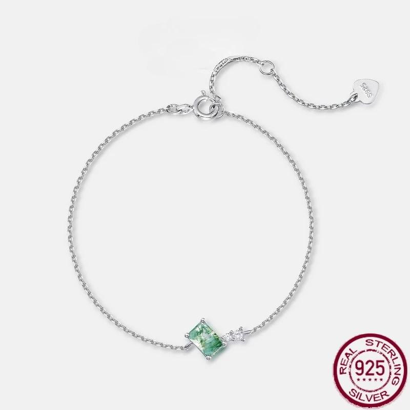 

New S925 Pure Silver Geometric Natural Water Grass Agate Green Moss Stone Handmade Personalized Unique Wedding Jewelry