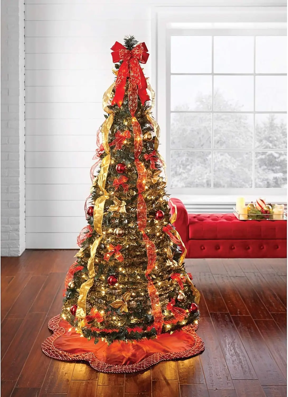 

Fully Decorated Pre-Lit 6 Foot Pop-Up Christmas Tree - Red Gold Adorned with 300 Lights, French Ribbon, Bows, and Ornaments.