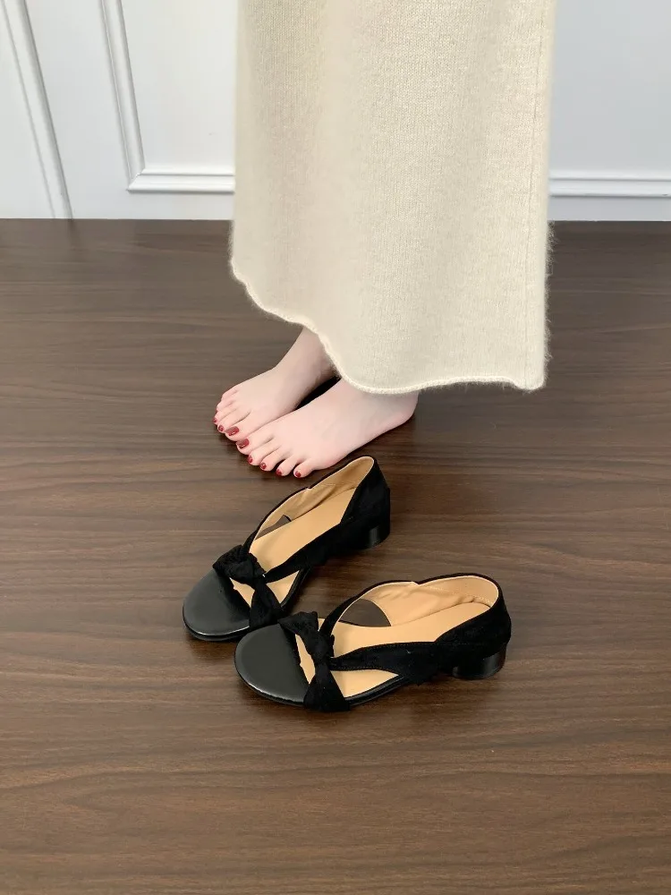 Butterfly-knot Women Gladiator Sandals Concise Slip On Low Heel Shoes Summer Comfort Daily Walking Dress Sandals_vogvips.com