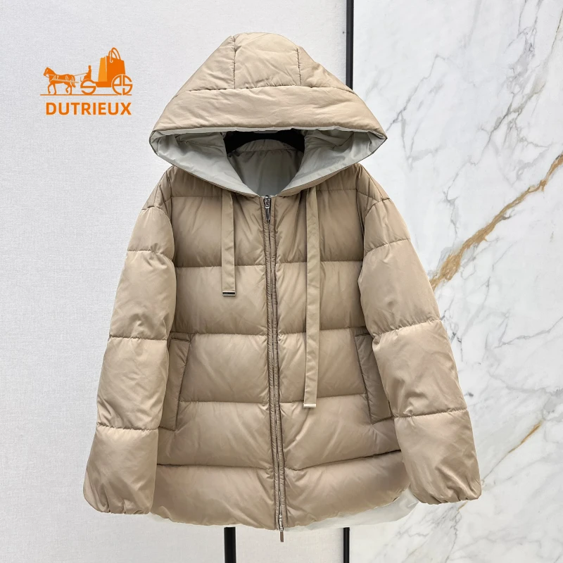 The Latest Down Jacket for Women in Winter, Contrasting Hooded Mid-length 90% Grey Goose Down Jacket Double-sided Coat for Work