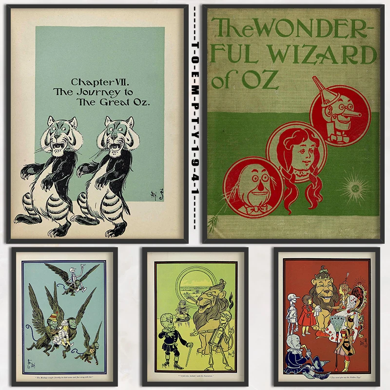 معالج أوز 1900 غطاء التوضيح المشارك قماش طباعة ريترو خمر كتاب التوضيح جدار ديكور غرفة الاطفال الجدار الديكور #1