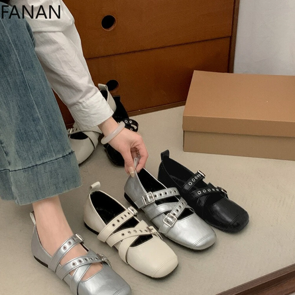 

Серебряные туфли на плоской подошве, новинка 2025, летние кожаные повседневные удобные балетки на низком каблуке, туфли Мэри Джейн на платформе