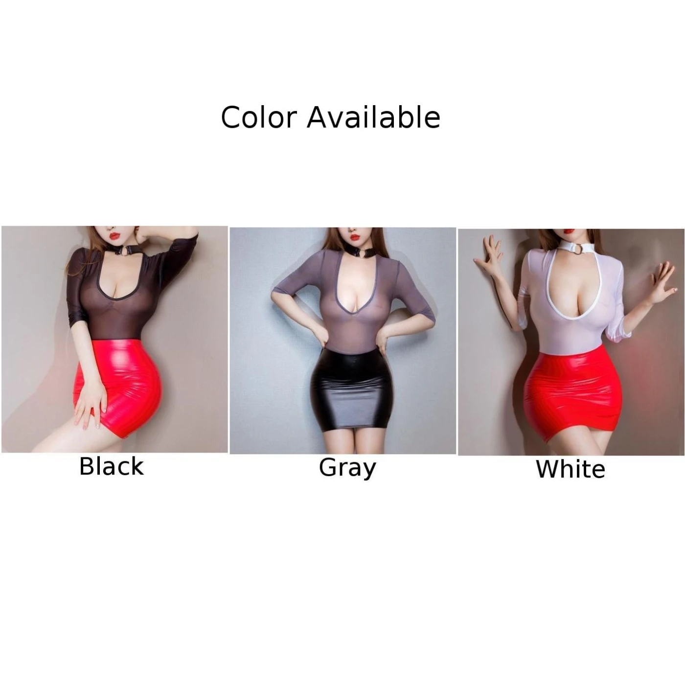 فستان نسائي من جلد البولي يوريثان ذو أكمام قصيرة وشفاف عالي المرونة جديد يمكن ارتداؤه من الأمام والخلف #5