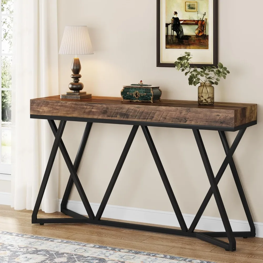 55 Inch Console Table, Farmhouse Sofa Table Wood Entryway Table with Unique Metal Base