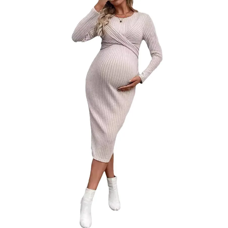 Autumn Winter American Casual Across Ties  A Line Slim Dress Maternity Elegant A Line Hot Clothes for Pregnant Women Pregnancy