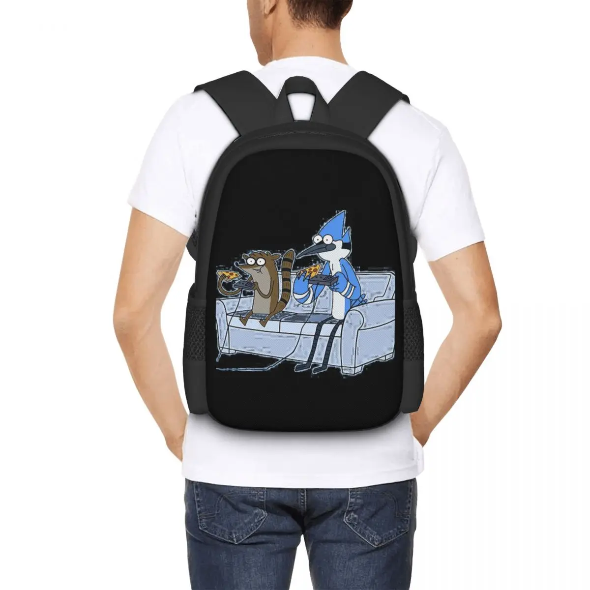 Mordecai And Rigby Pizza And Video Games Student Backpack School Bag Hiking Travel Daypack for Men Women Bookbag Shoulder Bags