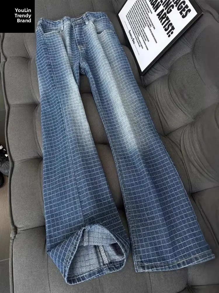 

Мужские джинсы Deep Blue в клетку с высокой талией, в американском ретро-стиле, с отворотами, молодежные, модные, повседневные, на все сезоны, облегающие