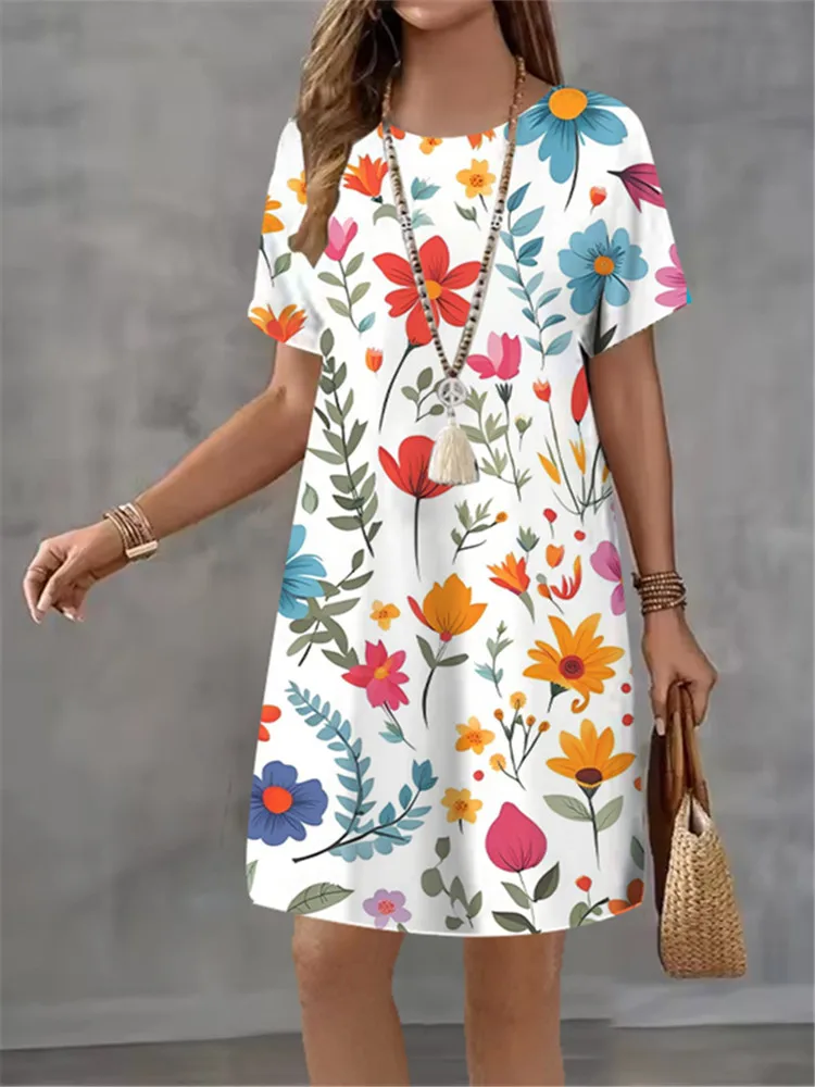 

Милое элегантное платье с цветочным принтом для женщин, весна-лето, мини-платье, повседневное свободное платье с коротким рукавом и круглым вырезом, большой размер 3XL