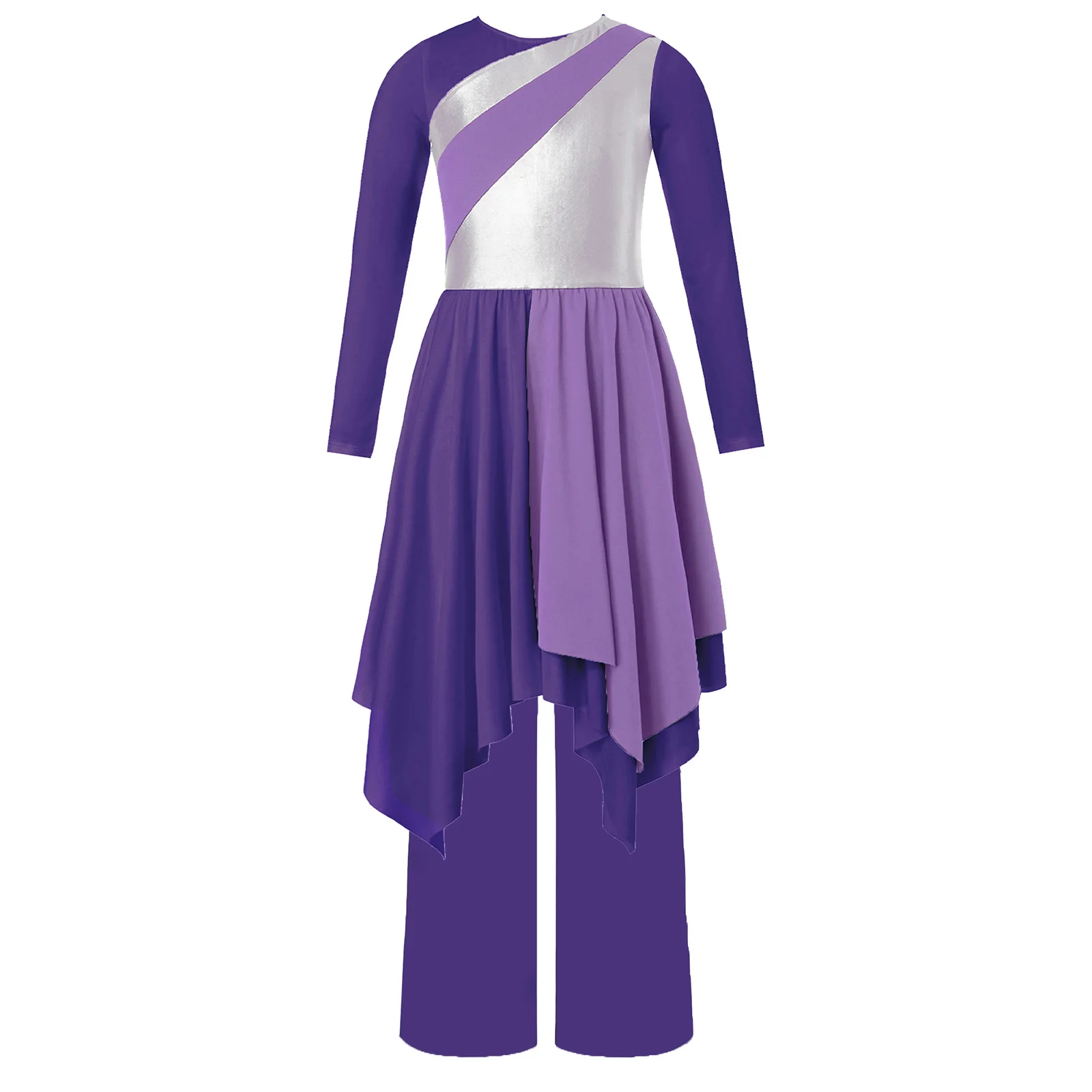 Kid Girls Praise Lyrical Dance Outfit Worship Performance Costume Long Sleeve Metallic Color Block Dress with Wide-Leg Pants Set