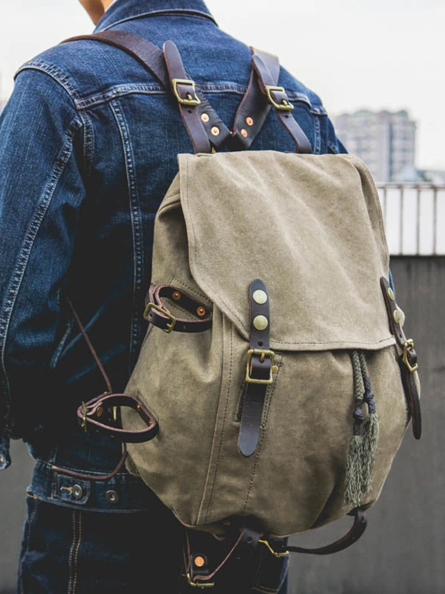 fashion vintage high-quality canvas cow leather men's large-capacity backpack casual travel mountaineering camping schoolbag