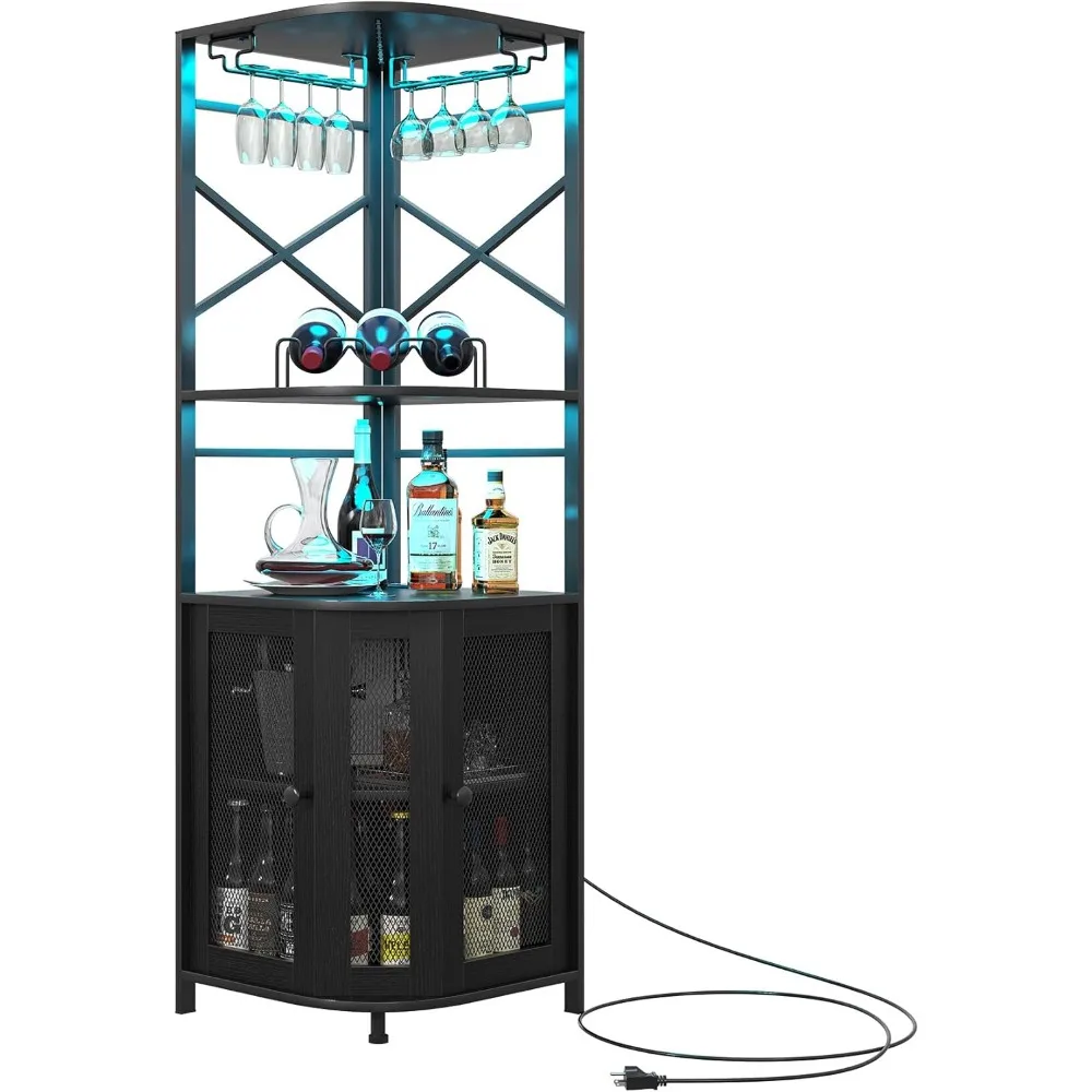

Corner Bar Cabinet with Power Outlet, 5-Tier Industrial Wine Cabinet with LED Strip and Glass Holder, LED Liquor Cabinet Bar Uni