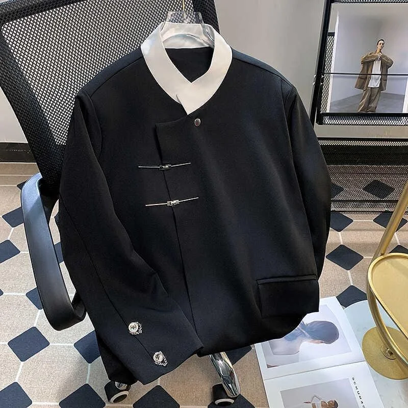 

New Chinese Sle Men's Bla Jaet Casual Small Western Sle Pad oulder Color Blo Stand Collar Haome Zhongan Coat