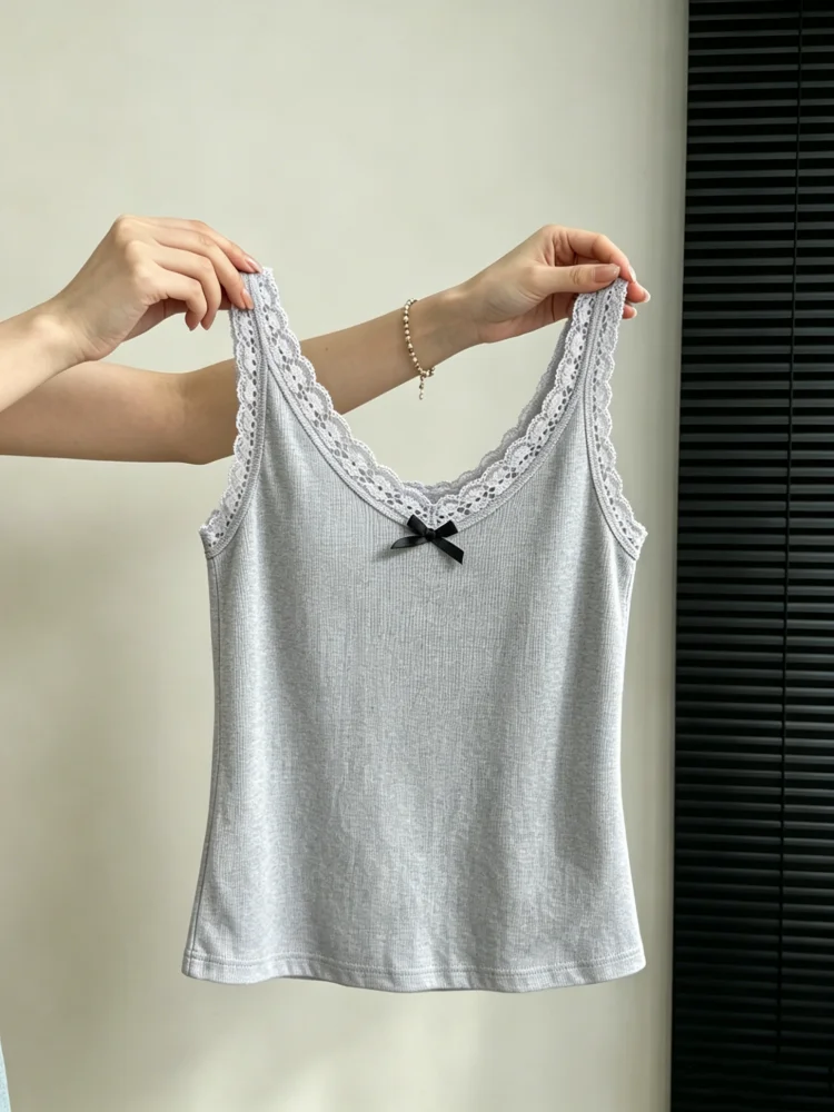 Lace  Knot Strap Vest Women's New Style plus Size Slim Fit Underwear Base Layer Outerwear Summer Cotton Blend Tank Top