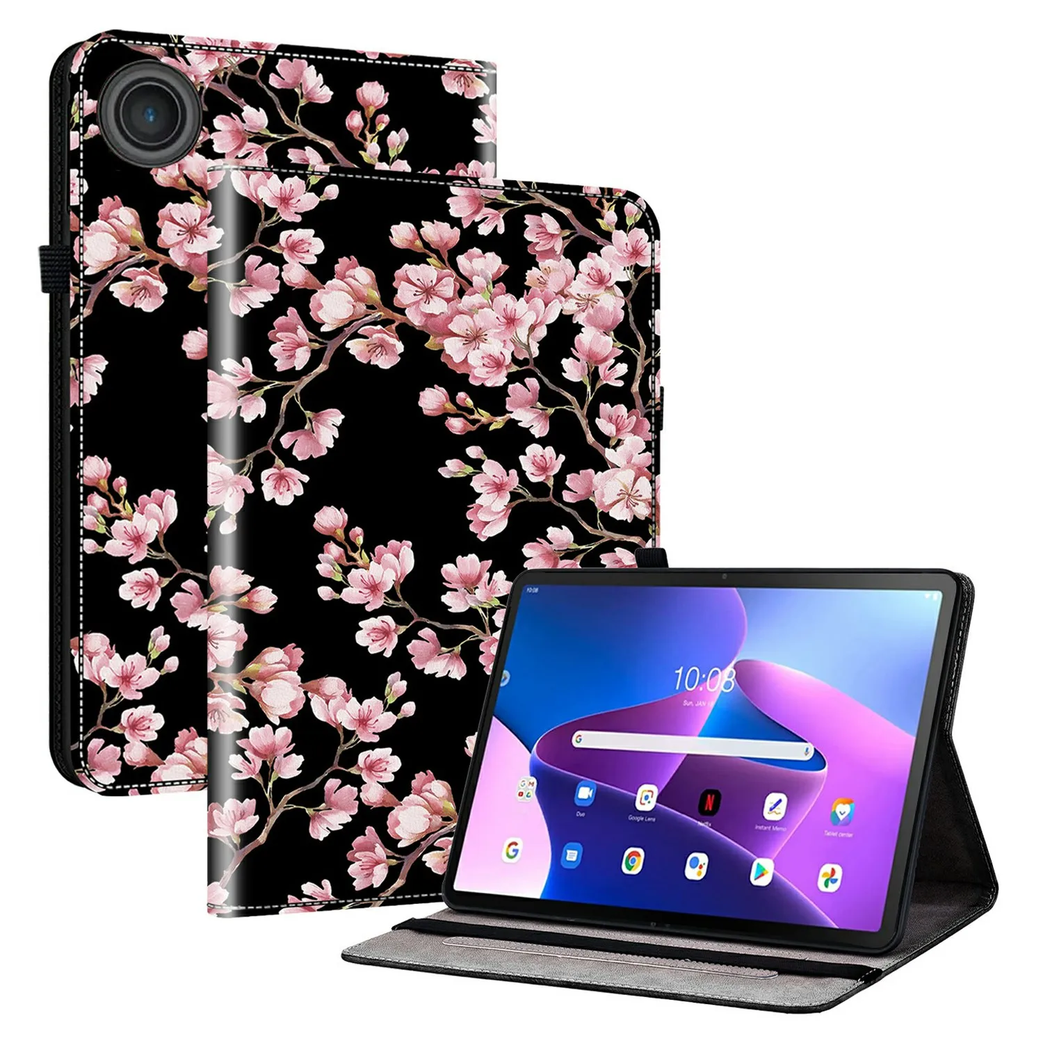 

For Lenovo Tab TB311FU Leather Case Pattern Printed Stand Tablet Cover with Card Slots - Plum Blossom