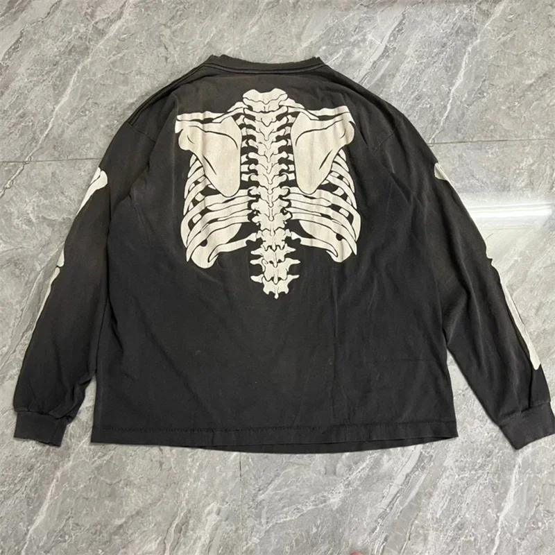 Saint Michael Skull Skeleton Print Pullover Men Women 1:1 Vintage Washed Oversized Long Sleeves