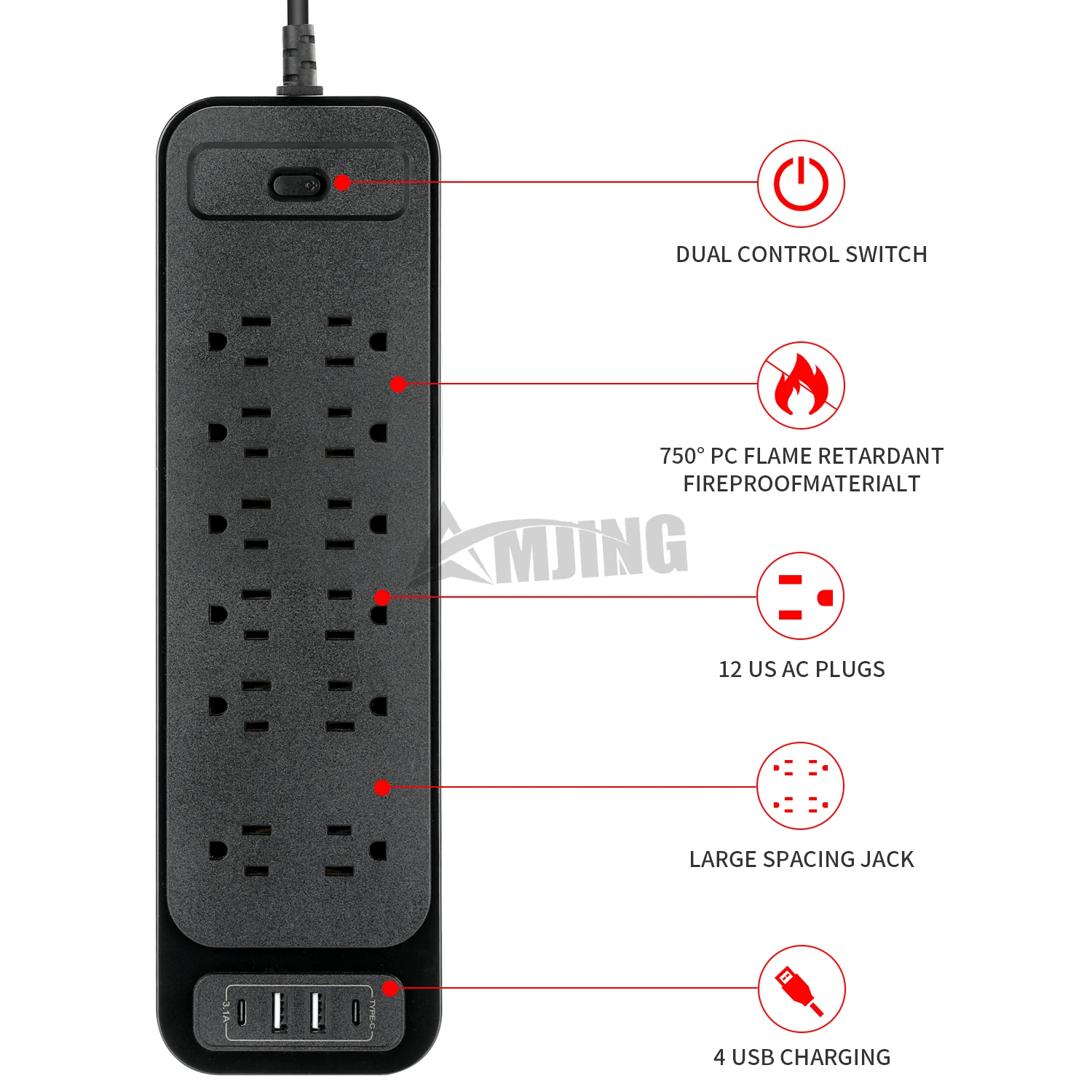 Imagem -05 - Power Strip com Controle do Interruptor 12 Saídas Portas Usb Soquete de Extensão Protetor contra Surtos de Fio Plugue Carregador de Escritório 2m us