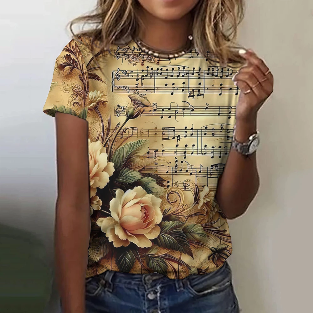 Summer Rose Music Notes T-Shirts 3D Print Women's Streetwear O-Neck Short Sleeves T Shirt Y2k Harajuku Tees Tops Female Clothing