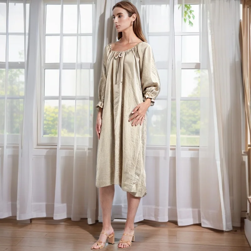 Casual 100% Cotton Dress Women Robes Puff Sleeve O-Neck Loose White Autumn Dress Streetwear Birthday Party Dresses Female Gown