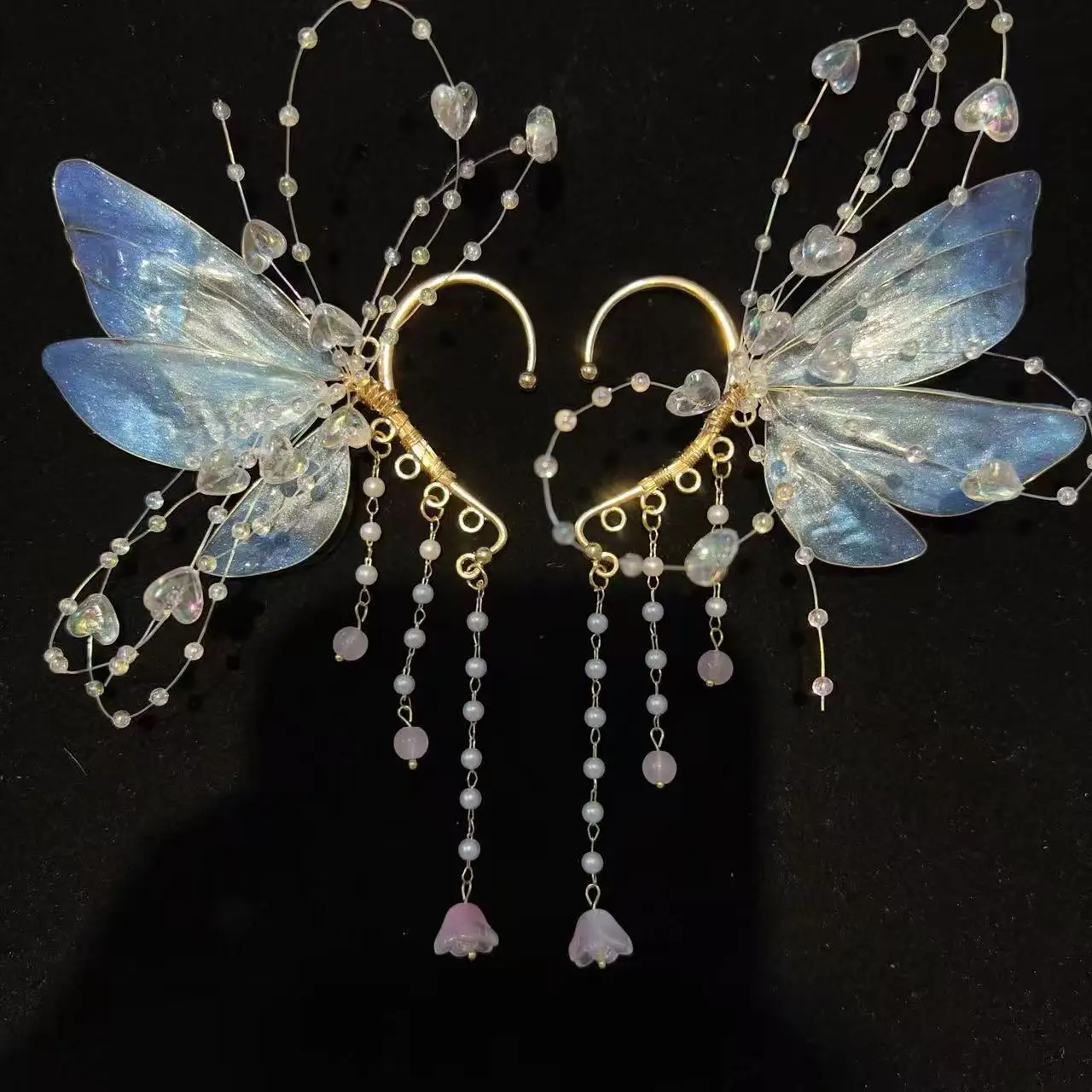 Gradient Fairy Wing Elf Ear Cuff Handmade Butterfly Wing Ear Wrap Crystal Tassel Hanfu Cosplay Mermaid Costume Ear Accessory